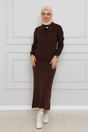 Knitted sweater dress Suit-brown bleu color