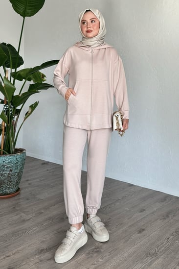 Zippered Elastic Cuffed Beige Two-Piece Set