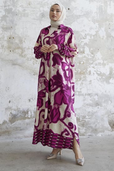 Shirt Collar Patterned Viscose Fuchsia Dress