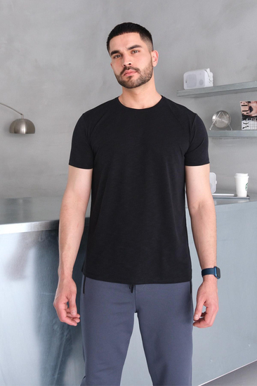 Bisiklet Yaka Framlı Siyah Modal Düz T-Shirt