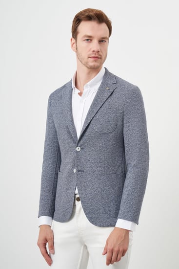 Morven Erkek İndigo Örme Slim Fit Torba Cep Mono Yaka Spor Ceket