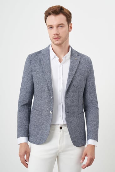 Morven Erkek İndigo Örme Slim Fit Torba Cep Mono Yaka Spor Ceket