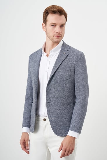 Morven Erkek İndigo Örme Slim Fit Torba Cep Mono Yaka Spor Ceket