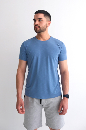 Bisiklet Yaka Framlı İndigo Modal Düz T-Shirt