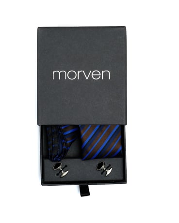  Morven Erkek Kahverengi - Lacivert Hediyelik Kravat Kol Düğmesi Mendil Seti