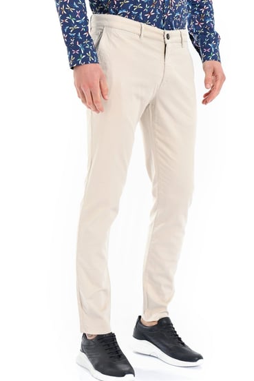  Morven Erkek Kremrengi Piefti Pamuklu Slim Fit Yan Cep Keten Pantolon