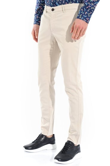  Morven Erkek Kremrengi Piefti Pamuklu Slim Fit Yan Cep Keten Pantolon