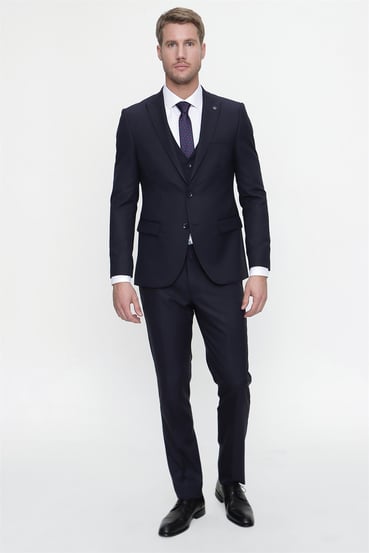  Morven Erkek Lacivert Kiton Slim Fit Dar Kesim Yelekli Jakarlı 6 Drop Takım Elbise