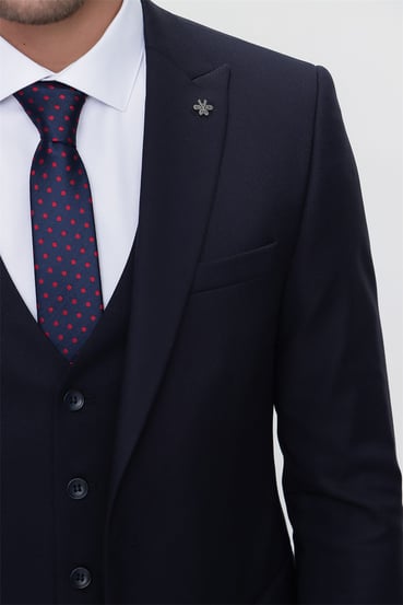  Morven Erkek Lacivert Kiton Slim Fit Dar Kesim Yelekli Jakarlı 6 Drop Takım Elbise
