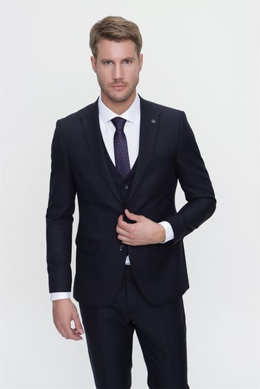  Morven Erkek Lacivert Kiton Slim Fit Dar Kesim Yelekli Jakarlı 6 Drop Takım Elbise