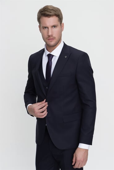  Morven Erkek Lacivert Kiton Slim Fit Dar Kesim Yelekli Jakarlı 6 Drop Takım Elbise