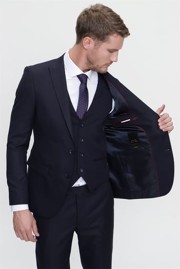  Morven Erkek Lacivert Kiton Slim Fit Dar Kesim Yelekli Jakarlı 6 Drop Takım Elbise