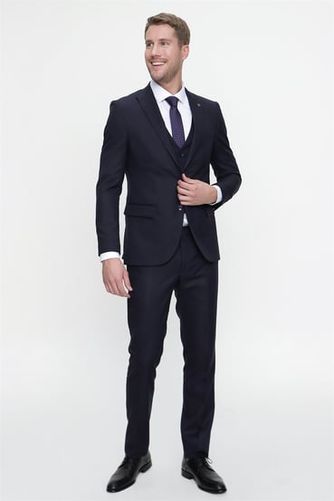  Morven Erkek Lacivert Kiton Slim Fit Dar Kesim Yelekli Jakarlı 6 Drop Takım Elbise