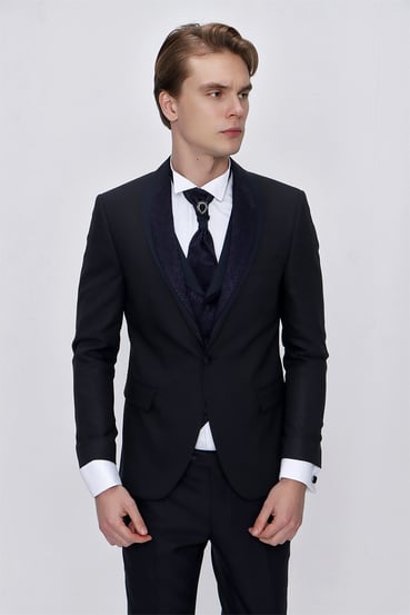  Morven Erkek Lacivert Santos Çıkma Yaka Slim Fit  Damatlık