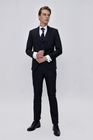  Morven Erkek Lacivert Santos Çıkma Yaka Slim Fit  Damatlık