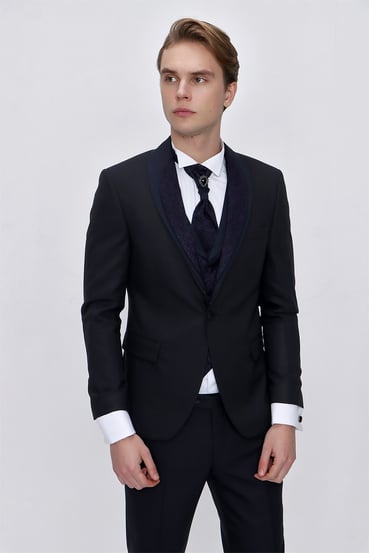  Morven Erkek Lacivert Santos Çıkma Yaka Slim Fit  Damatlık