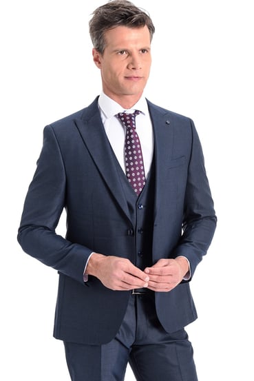  Morven Erkek Mavi Momento Slim Fit Dar Kesim Yelekli 6 Drop Takım Elbise