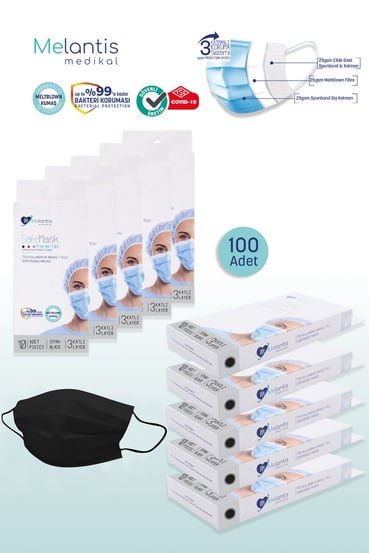  Morven Erkek Siyah MELANTİS MEDİKAL Tek Kullanımlık 3 Katlı Telli Cerrahi Maske 10x10'lu Kutu 100 Adet Siyah