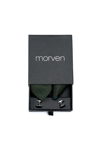 Morven Erkek Yeşil Hediyelik Kravat Kol Düğmesi Mendil Seti