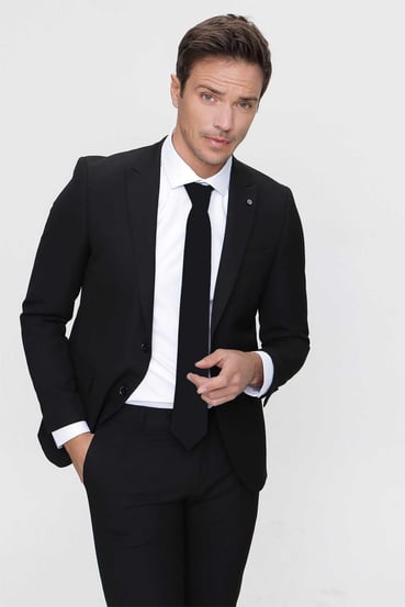 Erkek Siyah Basic Düz Slim Fit 3'lü Takım Elbise Slim Fit Gömlek Düz Kravat