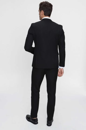 Erkek Siyah Basic Düz Slim Fit 3'lü Takım Elbise Slim Fit Gömlek Düz Kravat