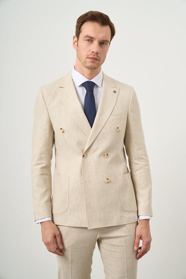 Morven Erkek Bej Keten Trend Kruvaze Slim Fit Sivri Yaka Takım Elbise