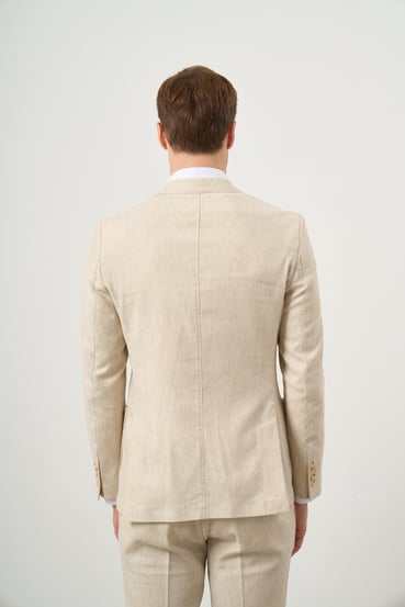 Morven Erkek Bej Keten Trend Kruvaze Slim Fit Sivri Yaka Takım Elbise