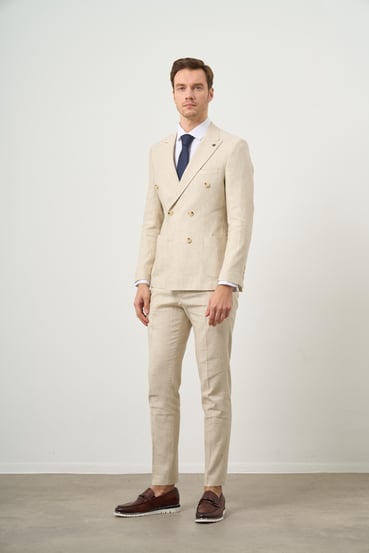 Morven Erkek Bej Keten Trend Kruvaze Slim Fit Sivri Yaka Takım Elbise