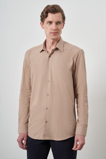 Morven Erkek Bej Pamuk Trend Slim Fit Sert Yaka Gömlek