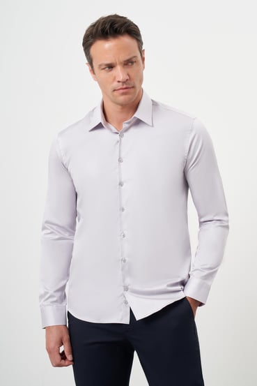 Morven Erkek Gri Pamuk Düz Desen Sert Yaka Slim Fit  Gömlek
