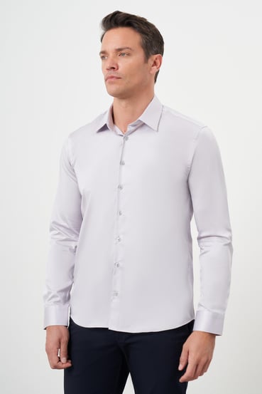 Morven Erkek Gri Pamuk Düz Desen Sert Yaka Slim Fit  Gömlek