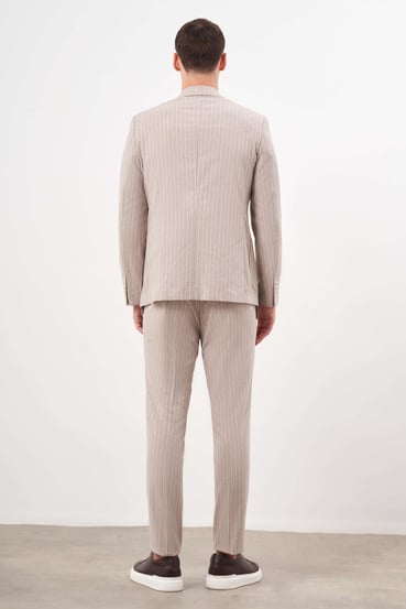 Morven Erkek KAHVE Keten Trend Kruvaze Slim Fit Sivri Yaka Takım Elbise