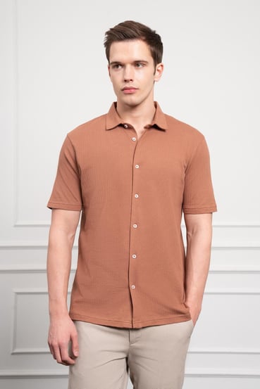 Morven Erkek Kiremit Trend Apaçi Yaka Dynamic Fit Kısa Kollu Gömlek