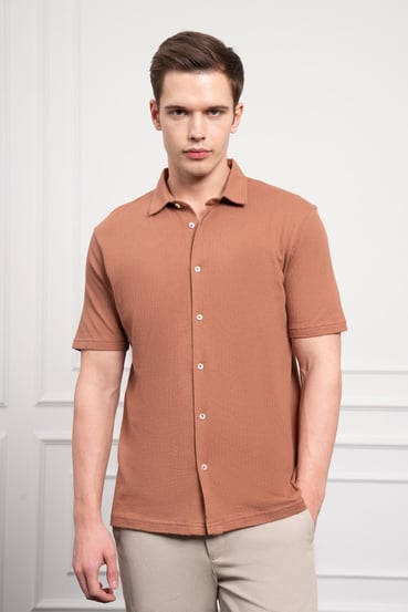 Morven Erkek Kiremit Trend Apaçi Yaka Dynamic Fit Kısa Kollu Gömlek