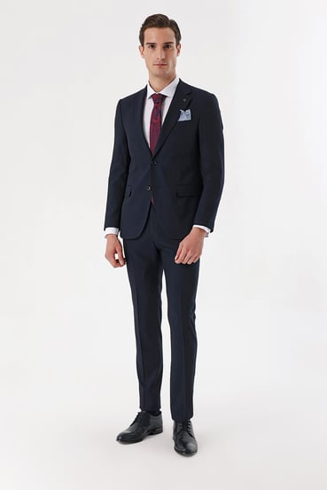 Morven Erkek KOYU LACİVERT Yünlü  Desenli 6 Drop Slim Fit Takım Elbise