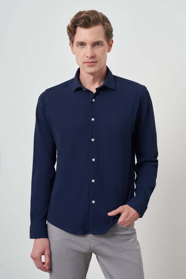 Morven Erkek Lacivert Gofre Trend Desenli Dynamic Fit İtalyan Yaka Gömlek