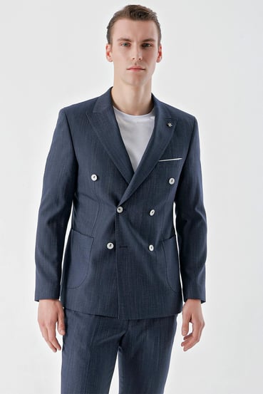 Morven Erkek Lacivert Poliviskon Trend Kruvaze Slim Fit Sivri Yaka Takım Elbise