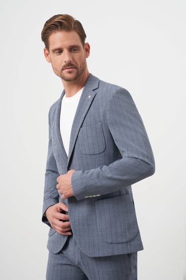 Morven Erkek Lacivert Poliviskon Trend Çizgili Desen Slim Fit Mono Yaka Takım Elbise