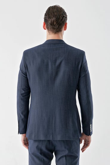 Morven Erkek Lacivert Poliviskon Trend Kruvaze Slim Fit Sivri Yaka Takım Elbise