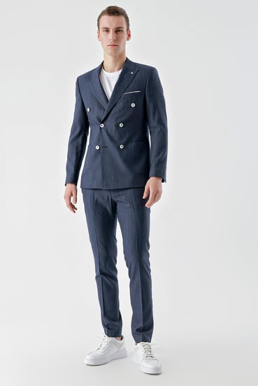 Morven Erkek Lacivert Poliviskon Trend Kruvaze Slim Fit Sivri Yaka Takım Elbise