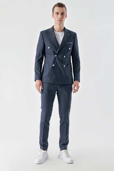 Morven Erkek Lacivert Poliviskon Trend Kruvaze Slim Fit Sivri Yaka Takım Elbise