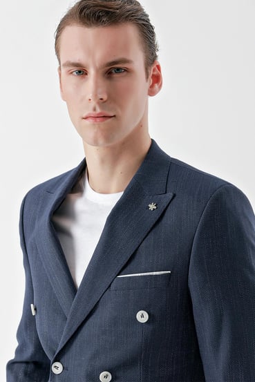 Morven Erkek Lacivert Poliviskon Trend Kruvaze Slim Fit Sivri Yaka Takım Elbise