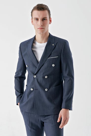 Morven Erkek Lacivert Poliviskon Trend Kruvaze Slim Fit Sivri Yaka Takım Elbise