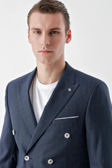 Morven Erkek Lacivert Poliviskon Trend Kruvaze Slim Fit Sivri Yaka Takım Elbise