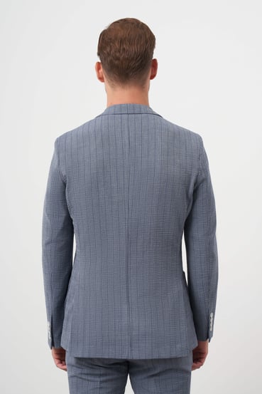 Morven Erkek Lacivert Poliviskon Trend Çizgili Desen Slim Fit Mono Yaka Takım Elbise