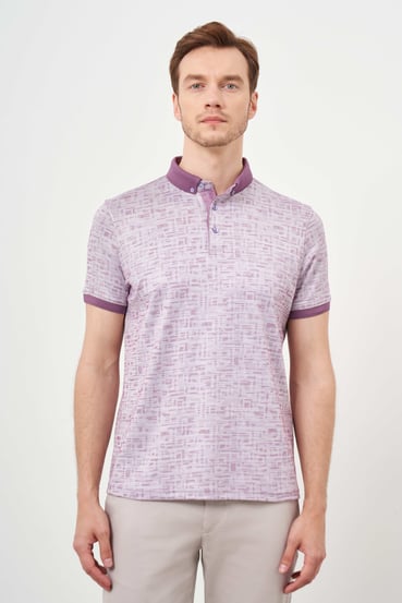 Morven Erkek Lila Trend Merserize Jakar Desen Düğmeli Yaka Dynamic Fit T-Shirt