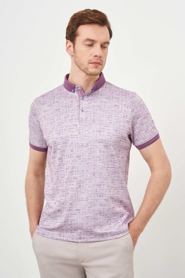 Morven Erkek Lila Trend Merserize Jakar Desen Düğmeli Yaka Dynamic Fit T-Shirt