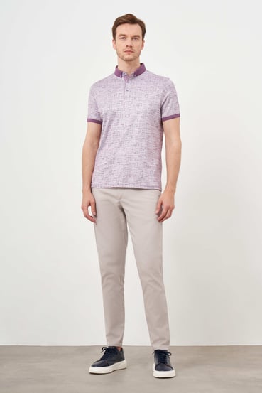 Morven Erkek Lila Trend Merserize Jakar Desen Düğmeli Yaka Dynamic Fit T-Shirt