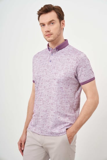 Morven Erkek Lila Trend Merserize Jakar Desen Düğmeli Yaka Dynamic Fit T-Shirt