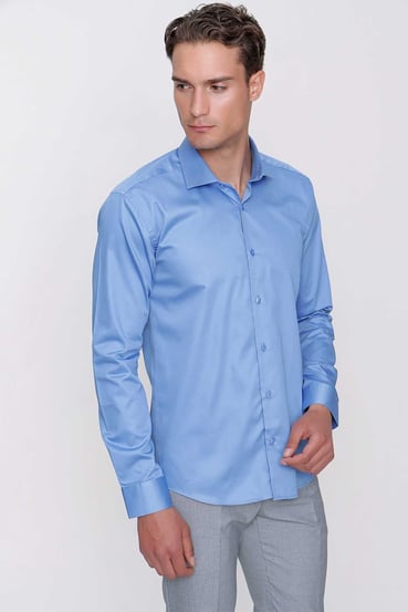 Morven Erkek Mavi Compact Slim Fit Dar Kesim Düz %100 Pamuk  Saten Gömlek